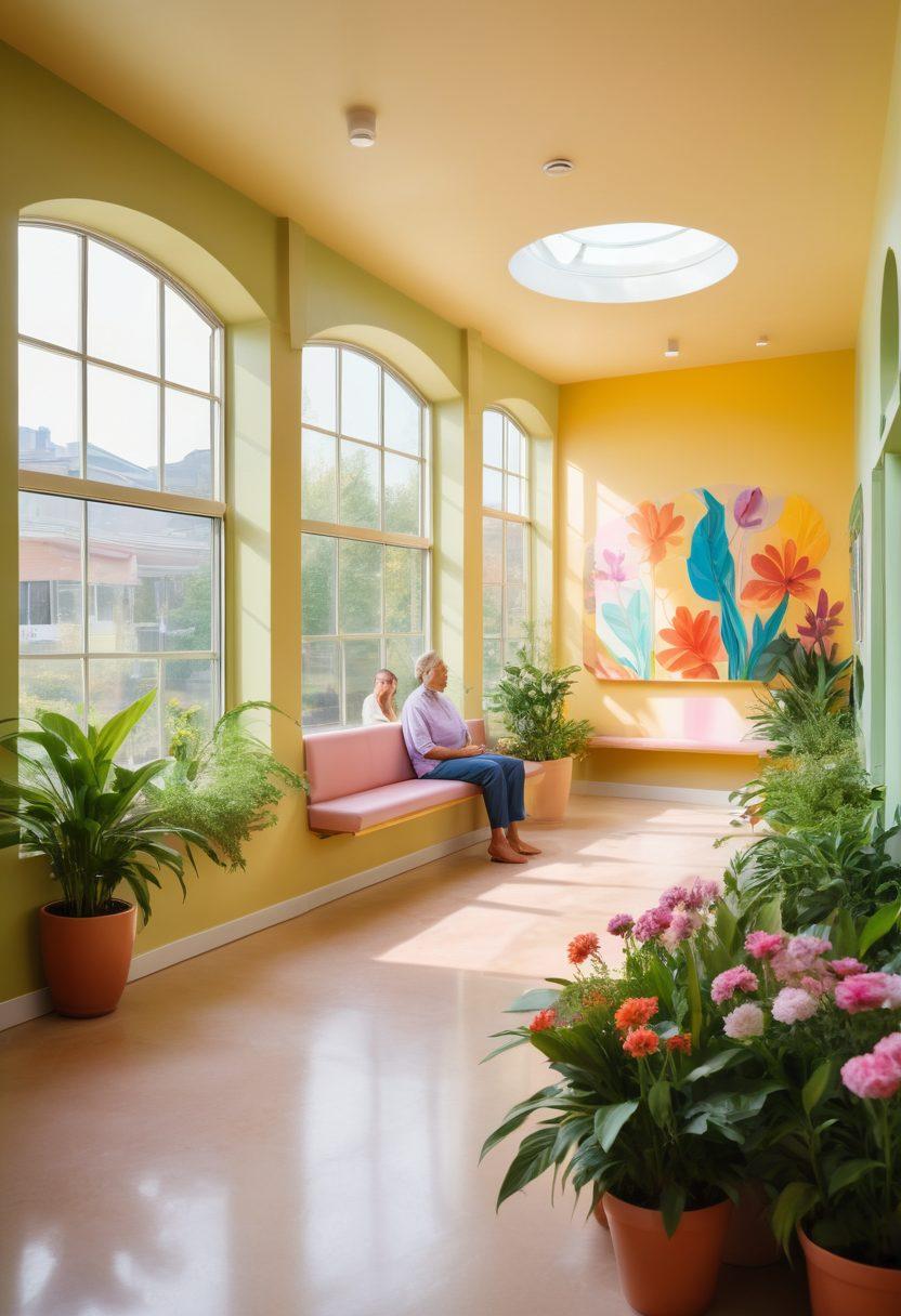 A vibrant, uplifting scene showcasing a diverse group of patients joyfully interacting with caring doctors in a warm, inviting clinic. Include elements of holistic healing such as plants, soothing colors, and symbols of wellness like flowers and gentle light. The atmosphere should exude positivity, trust, and community spirit. super-realistic. warm colors. bright background.