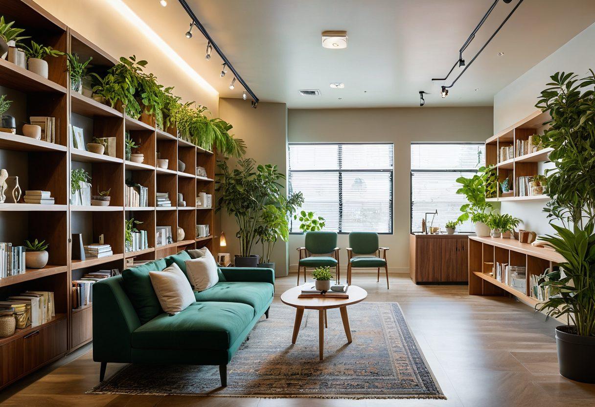 A serene and inviting clinic reception adorned with plants, featuring a diverse group of healthcare professionals discussing wellness strategies. In the background, shelves filled with holistic health books and natural health products, symbolizing optimal well-being. Soft natural lighting creates a calming atmosphere. super-realistic. vibrant colors. 3D.
